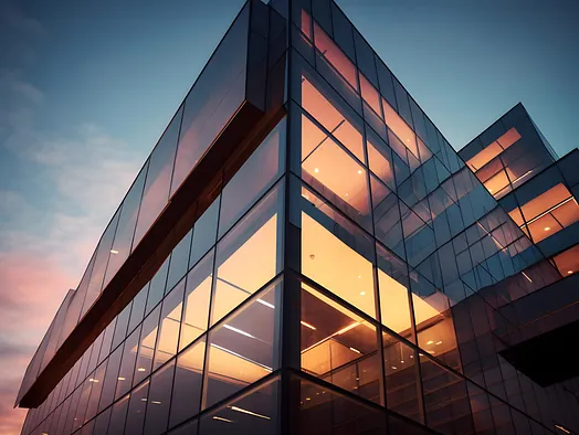 Edificio con cristales atardeciendo 